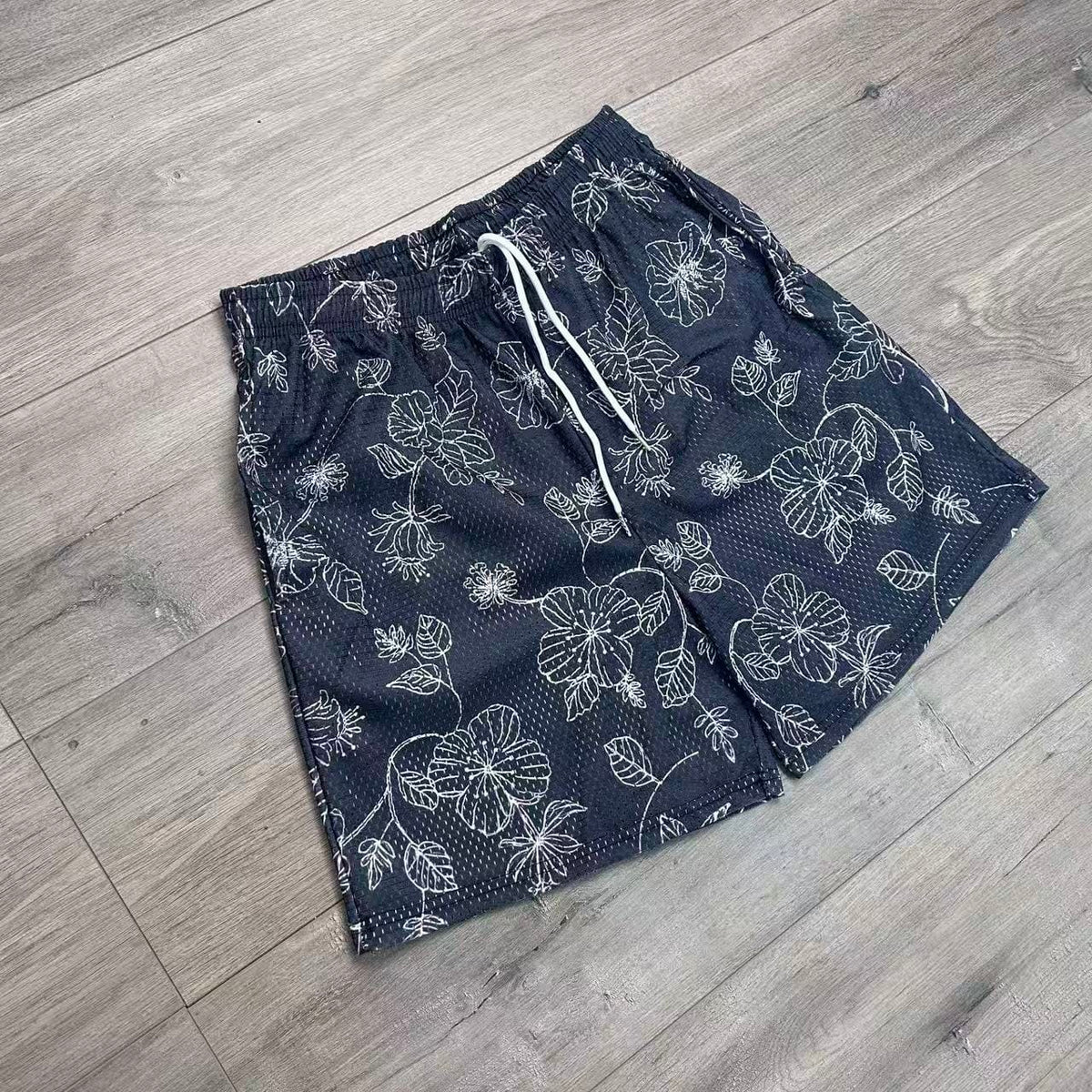 BLACK WILD ROSES MESH SHORTS-8777