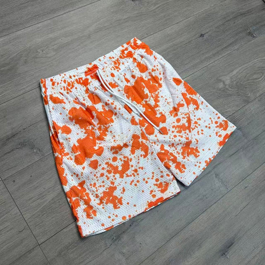 ORANGE PAINT MESH SHORTS-8796