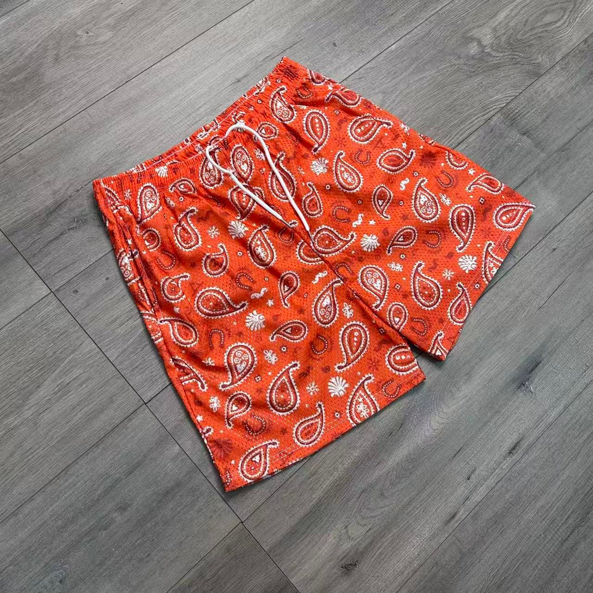 ORANGE PAISLEY MESH SHORTS-8797